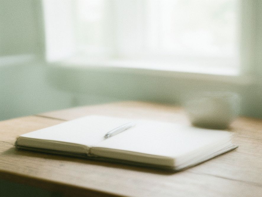 Notebook and pen on wooden desk with morning light